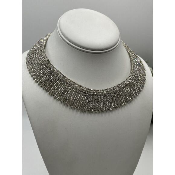 Natasha Crystal Rhinestone Bling Silver Tone Statement Dressy Collar Necklace - Picture 1 of 15